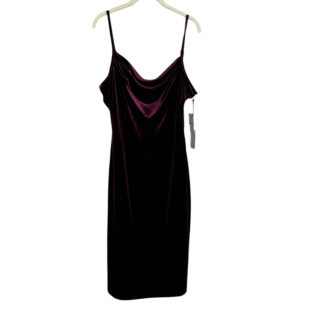 1. State Womens Velvet Slip Dress XL Midi Dark Wine Draped Neck Spaghetti Straps